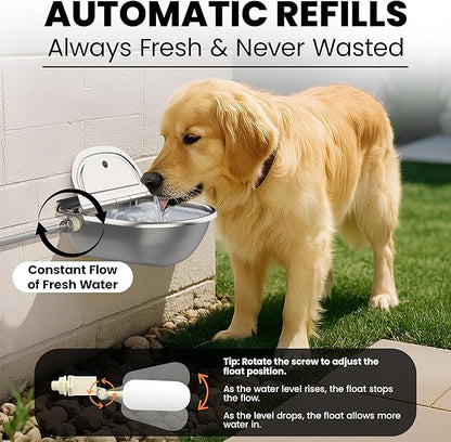 Animal Water Dispenser - 304 Stainless Steel Automatic Water Dispenser for Dogs & Animals, 10.6"x9.8"x4.7", Auto-Refill, Leakproof Drain Plug, Extra Float, 100cm Hose