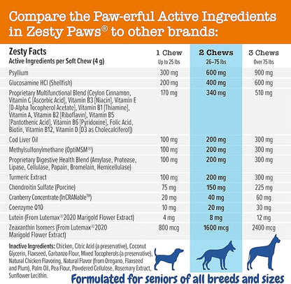Zesty Paws Senior Dog Multivitamin Treats - Glucosamine for Dogs + Digestive Enzymes & Probiotics - Grain Free Dog Vitamins and Supplements for Skin & Coat + Immune Health Chicken - Advanced - 90ct