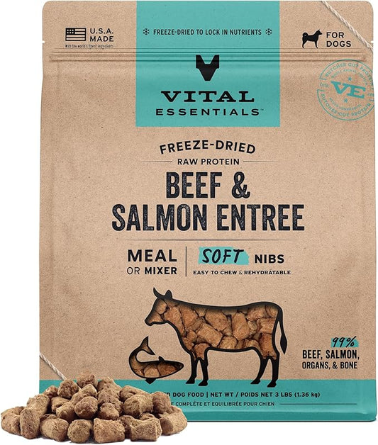 Vital Essentials Freeze-Dried Raw Beef & Salmon Meal or Mixer Dog Food Soft Nibs | 99% Beef, Salmon, Organs & Bone | 3 lbs Big Bag