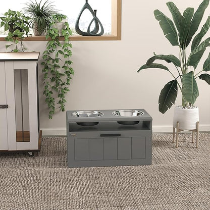 PawHut Elevated Dog Bowls, Raised Dogs Bowl Stand with 2 Stainless Steel Bowls, Storage Drawer and Slow Feeder Mat, Dog Feeding Station for Large and Extra Large Dogs, Gray