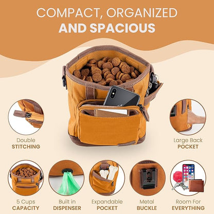 BEAU&FUR Large Dog Treat Pouch with Clicker for Training – 4 Cup Capacity, Built-In Poop Bag Dispenser, Expandable Pocket, Metal Buckle, Large Back Pocket, Ideal for Walks and Training – Light Brown
