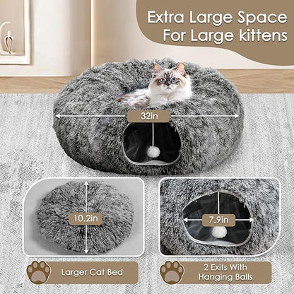 Cat Tunnel Bed for Indoor Cats, Peekaboo Cat Cave with Washable Soft Play Mat, Furry Cat Tube, for Kitten/Puppy/Rabbit, Black