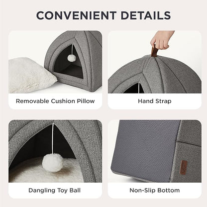 Bedsure Cat Beds for Indoor - 2 in 1 Cat Cave House Tent for Kittens and Small Pets with Removable Washable Cushioned Pillow, Foldable Kitten Hideaway with Non-Slip Bottom, Grey, 16 inches