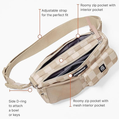 Dog Walk & Train Sling Bag - Hands-Free 2-In-1 Treat Pouch, Poop Bag Holder, Clicker, Phone Pocket - Crossbody/Fanny Pack, Adjustable Strap - Checkerboard