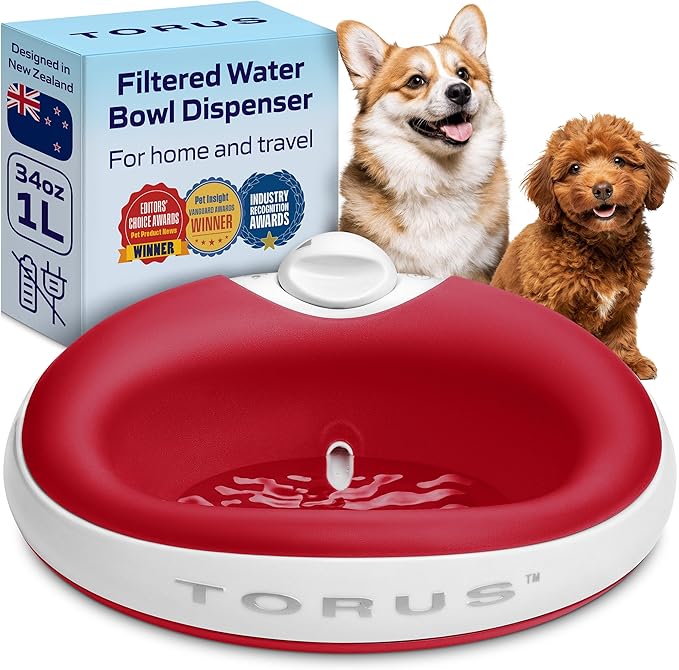 TORUS Filtered Portable Dog Water Dispenser [Upgraded 2025], 1L / 34oz, Automatic Pet Water Dispenser, No Spill, Noise-Free Dog Water Bowl Dispenser, No Power, Ideal for Small Pups and Purrfect Cats