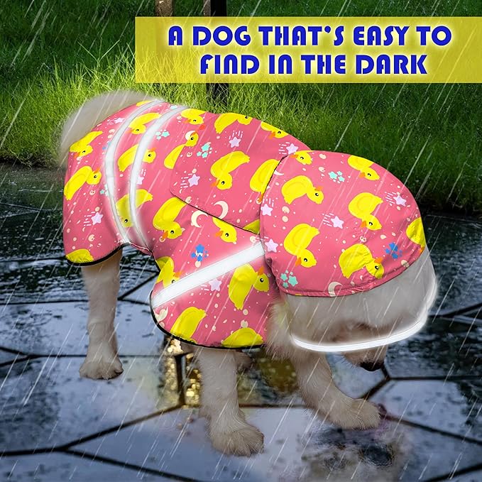 Dog Raincoat, Adjustable Rain Jacket with Hooded Double Layer for Large Medium Small Dogs Puppies, Lightweight Waterproof Rain Coat Poncho with Reflective Stripe Duck Pink,S