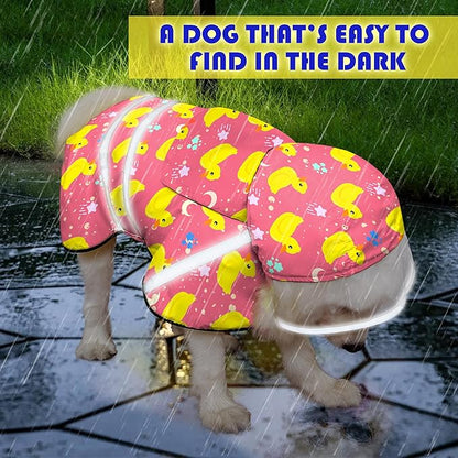 Dog Raincoat, Adjustable Rain Jacket with Hooded Double Layer for Large Medium Small Dogs Puppies, Lightweight Waterproof Rain Coat Poncho with Reflective Stripe Duck Pink,S