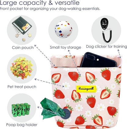 Dog Treat Pouch for Pet Walking and Training with Clicker 2 Cup Silicone Bag Small Fanny Pack Holder for Puppy Snack Dispenser Kit for Leash and Outdoor Use (Strawberry)