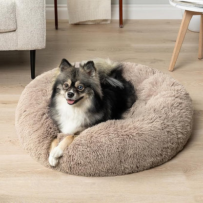 PetAmi Calming Dog Bed for Small Medium Dog Cat, Round Donut Dog Bed Washable, Fluffy Faux Fur Plush Cuddler Pet Kitten Cushion Bed, Anti-Slip, Fits up to 25 lbs, 23 inch, Taupe