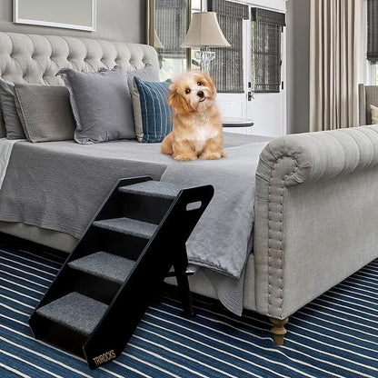 TRIROCKS Wood Pet Stairs Non-Slip Pet Steps - Foldable 4 Levels Dog Stairs & Ramp Perfect for Beds and Cars - Portable Dog/Cat Ladder Up to 130 Pounds