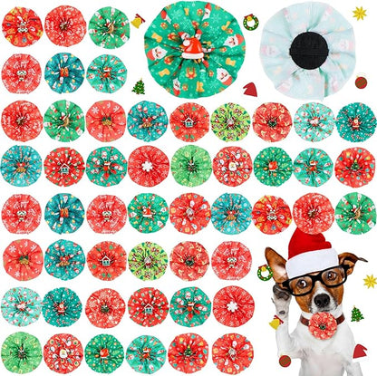 50 Pcs Christmas Dog Collar Bows Bulk Red and Green Xmas Bow Ties Flower Charms Attachment for Small Medium Large Dogs Cats Collar Christmas Costume Accessories