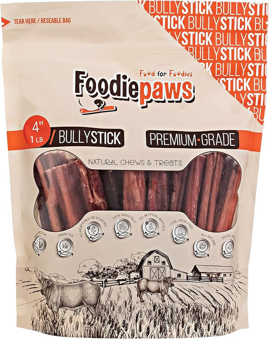 FOODIEPAWS 4 Inch Bully Sticks for Dogs, 1 lb Bulk Pack | All Natural Grass-Fed Beef Pizzle | Rawhide-Free, Odor-Free & Fully Digestible Chews | Dental Treats for Puppies & Small Dogs