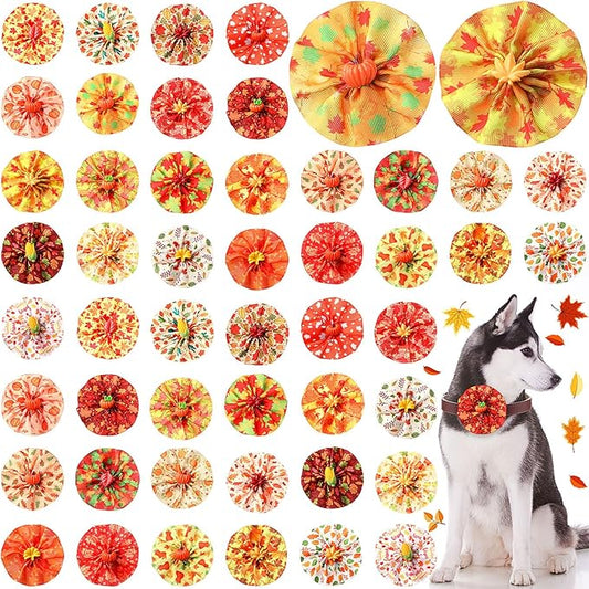Huhumy 50 Pcs Thanksgiving Collar Bows for Fall Dogs Bow Ties Flowers Charms Attachment for Small Medium Large Dogs Cats Collar Accessories Holiday Party Costumes