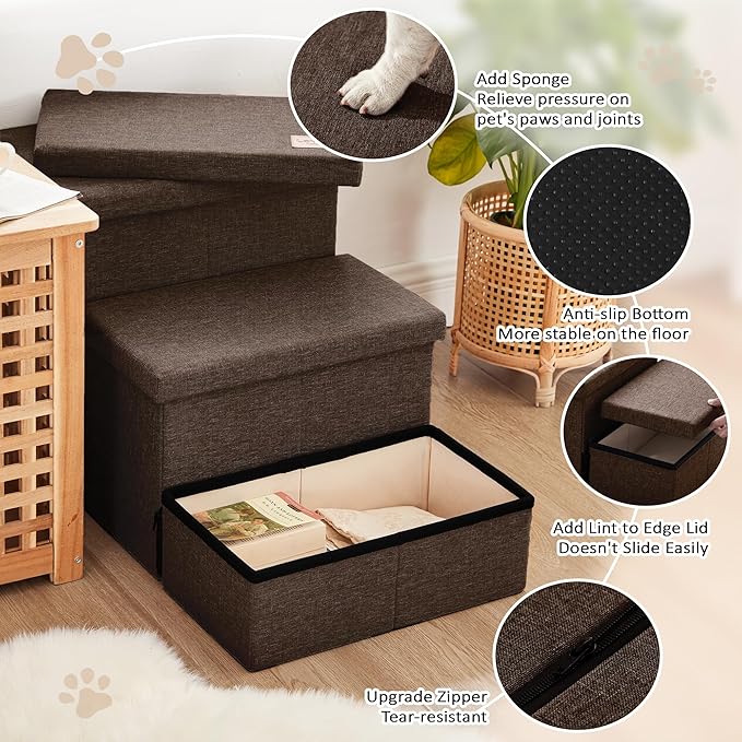 Love's cabin Dog Stairs for High Bed 18" H,Foldable Pet Stairs for Small Medium or Large Dogs Puppy with Storage for Bed or Couch,Cat Dog Steps Ramp with Zip up to 200 lbs(Coffee,3 Steps no Condo)