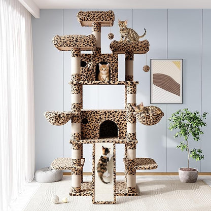 Allewie 82 Inches Large Cat Tree/House/XXL Tall Cat Towers for Big Feline/Scratching Post/Multi-Level Large Kitty Climbing Tree with Condo/Leopard Print