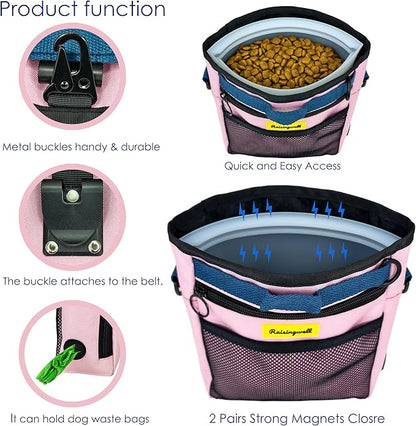 Dog Treat Pouch with Magnetic Closure 4-Cup Silicone Bag Fanny Pack Holder with Clicker 4 Ways to Wear Front Pocket Fits All Phones Ideal for Leash, Pet Walking and Training（Pink）