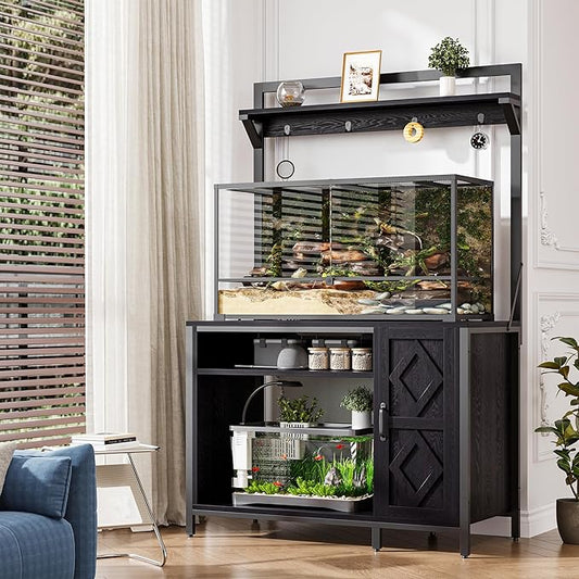 kepptory 40-50 Gallon Diamond Fish Tank Stand with Power Outlet, Heavy Duty Aquarium Cabinet with Display Shelf and 4 Hooks, Suitable for Turtle Tank, Reptile Terrarium for Home Office (Classic Black)