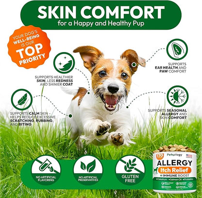 Dog Allergy Relief Chews - 170 Dog Allergy Chews - Itch Relief for Dogs - Omega 3 Fish Oil, Probiotics for Itchy Skin & Hot Spots Allergies, Paw Licking - Dry Skin & Coat Supplement - Immune Health