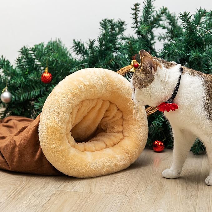Cat Cave Bed - Fleece Warm Covered Cat Bed Indoor for Cold Weather - Self Warming Fluffy Pet Tunnel Hideout Nest for Small Medium Large Cats Sleeping Playing (Reuseable Washable)