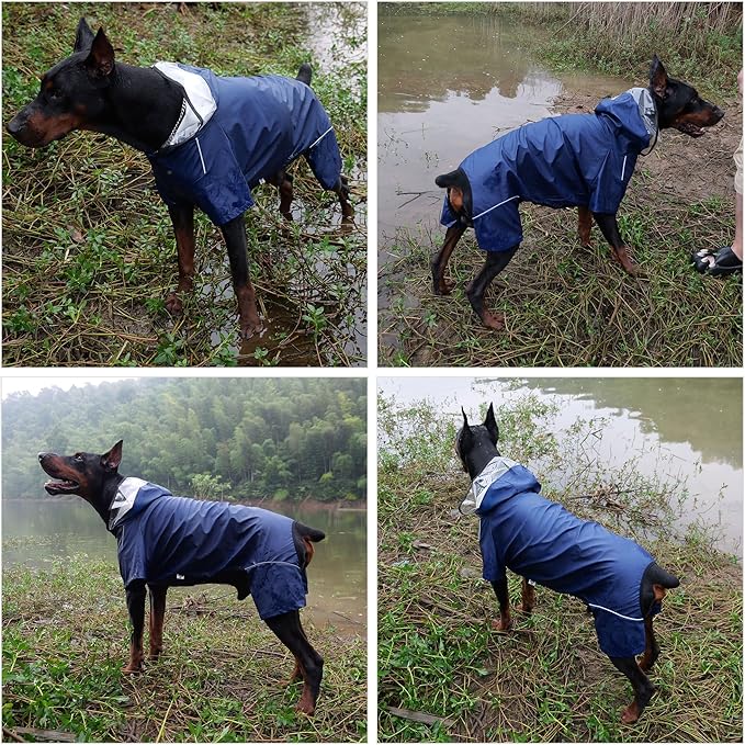 Four-Legged Full Coverage Waterproof Dog Raincoat with Reflective Features Pet Raincoats for Large Medium Small Dogs Navy Blue 2XL