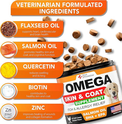 Omega 3 for Dogs - Skin and Coat Supplement - Fish Oil for Dogs Chews - Allergy and Itch Relief - Anti Shedding Supplement - Dry Skin Treatment - Salmon Oil - Made in USA - 120 Soft Treats