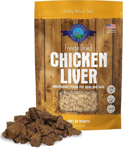 Shepherd Boy Farms Freeze Dried Dog and Cat Treats, Chicken Liver, All Natural Single Ingredient Freeze-Dried Dog Treat & Snacks, Made in USA, High Protein, Essential Nutrition Raw Food, 3oz