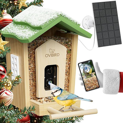 Wooden Smart Bird Feeder with Camera, 1080P HD Video Bird Feeders with Solar Powered, AI Birds ID for 10,000+ Species, IP65 Waterproof, WiFi Birdhouse Camera for Birds Watching Gifts