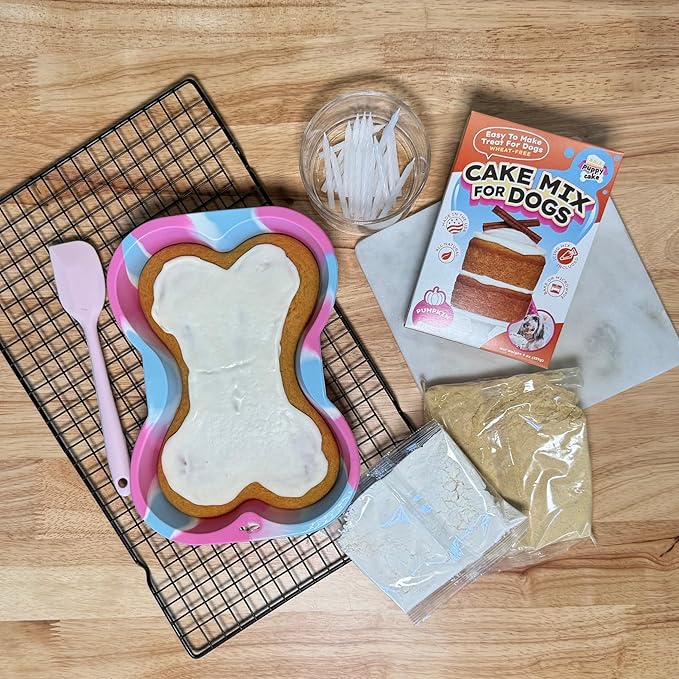 Dog Birthday Cake Kit 6 Flavors - Cake Mix for Dogs, Icing Mix, Large Bone Shape Silicone Pan and 24 Candles, Bake or Microwave By Puppy Cake Mix (Swirl, Pumpkin)