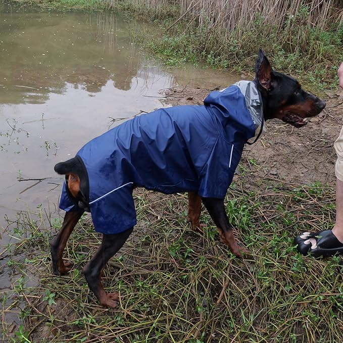 Four-Legged Full Coverage Waterproof Dog Raincoat with Reflective Features Pet Raincoats for Large Medium Small Dogs Navy Blue S