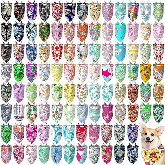 100 Pcs Paisley Dog Bandanas Bulk Pet Bibs Colorful Triangle Scarf Pet Paisley Bandanas for Medium Large Dogs Spring Summer Birthday Costume Decoration