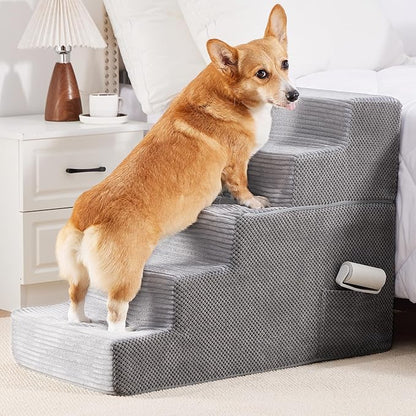 HYLEORY Dog Stairs for Bed 22.5''H, 5-Step Pet Stairs for Small Dogs & Cats, Sturdy Pet Steps with Non-Slip Bottom, Functional Portable Dog Ramp for Couch/Chair/Sofa/Car, Storage Pocket, Light Grey