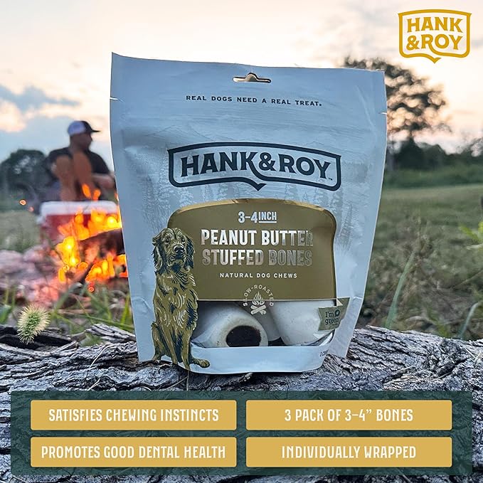 Hank & Roy All-Natural, Peanut Butter Filled Dog Bones, Long Lasting, Engaging Stuffed Shin Bones for Dogs, Individually Wrapped for Odor Control and Freshness