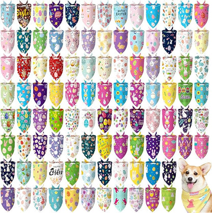 100 Pcs Easter Dog Bandanas Bulk Pet Bibs Colorful Triangle Scarf Pet Bandanas for Medium Large Dogs Easter Festival Spring Summer Birthday Costume Decor