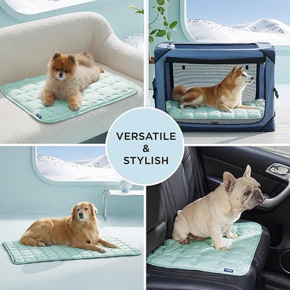 Bedsure Cooling Mat for Small Dog, Q-Max>0.5 Thin Breathable Cold Crate Pad for Puppy and Cat, Portable Washable Kennel Bed for Active Pet with Chill Soothing Fabric to Rapid Cooling, 24x18, Green