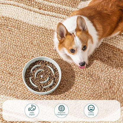 vancasso Slow Feeder Dog Bowl, 1.5 Cups Ceramic Dog Food Dish for Fast Eaters Small Breed, Puzzle Bowl for Small Dogs and Cats, Grayish Cyan
