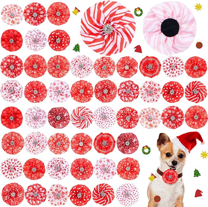 50 Pcs Valentine's Dog Collar Bows Bulk Red and White Bow Ties Flower Charms Attachment for Small Medium Large Dogs Cats Collar Costume Accessories