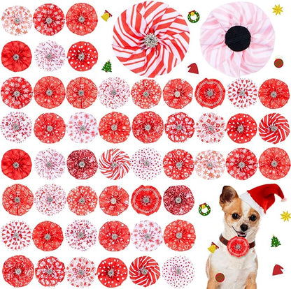 50 Pcs Valentine's Dog Collar Bows Bulk Red and White Bow Ties Flower Charms Attachment for Small Medium Large Dogs Cats Collar Costume Accessories