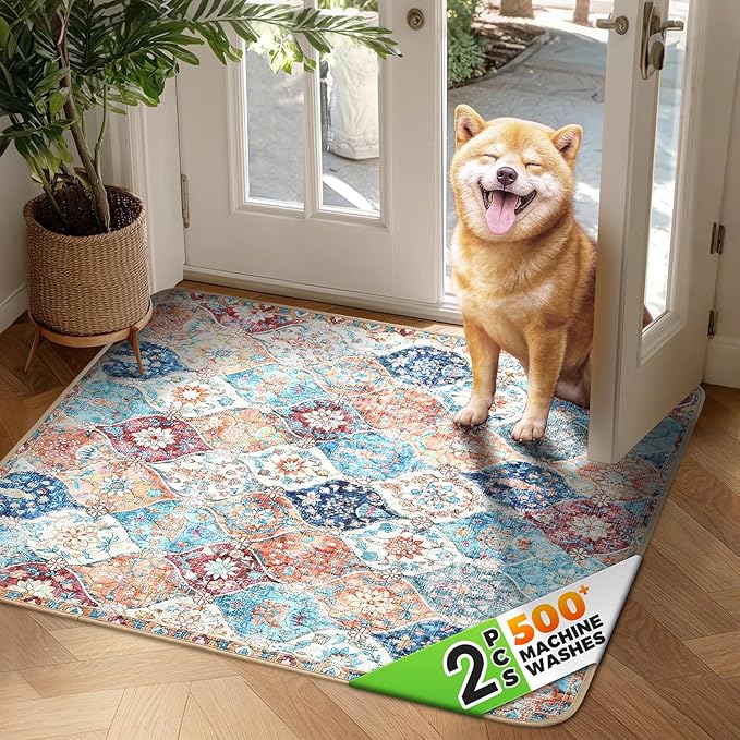 Hompet 2 Pack Super Absorbent Dog Door Mat for Muddy Paws, Washable Pee Pads for Dogs, Reusable Puppy Training Pads, Quick Dry Non-Slip Pet Entryway Rug, Leak-Proof Potty Pad for Indoor Floors 54x54