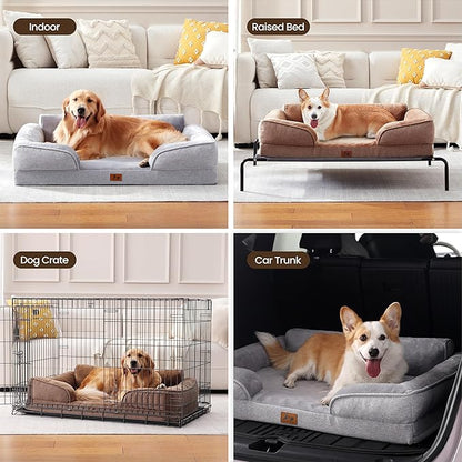 XL Orthopedic Dog Beds for Large Dogs, Waterproof Egg-Crate Foam Pet Couch Bed with Soft Sides, Non-Slip Dog Sofa with Flannel Removable Washable Cover, 42" L Supportive Pet Sofa, Brown