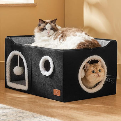 Bedsure Large Cat Beds for Indoor Cats - Extra Wide Cat Cube House for Small Pet with Fluffy Ball Hanging and Scratch Pad, Foldable Pet Cave Hideaway for Multiple Cats, 23.6x16.9x13 inches, Black
