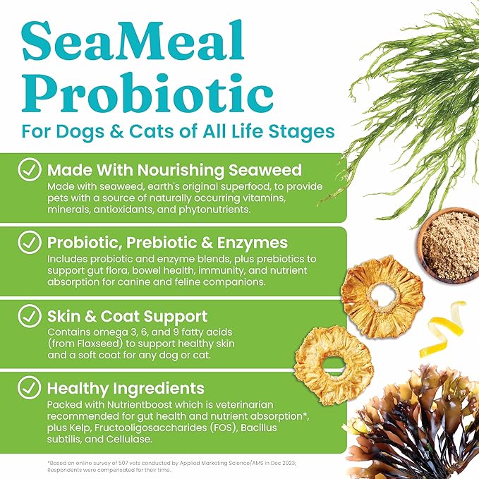 Solid Gold SeaMeal Cat Probiotic & Dog Probiotics for Digestive Health - Kelp Powder Dog & Cat Multivitamin Supplement w/Prebiotics & Digestive Enzymes for Skin, Coat, & Gut + Immune Support - 3.5oz