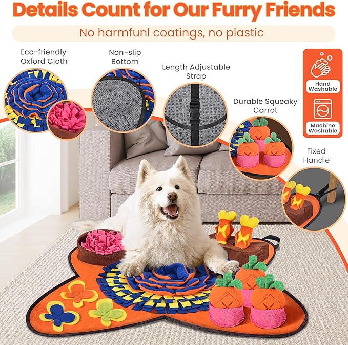Snuffle Mat for Dogs 32''X20'' for Large Dogs with Dog Leash, Nosework Interactive Sniffing Mat for Cats Rabbits, Slow Feeding Mat for Foraging and Stress Relief (Orange, 32"x20")