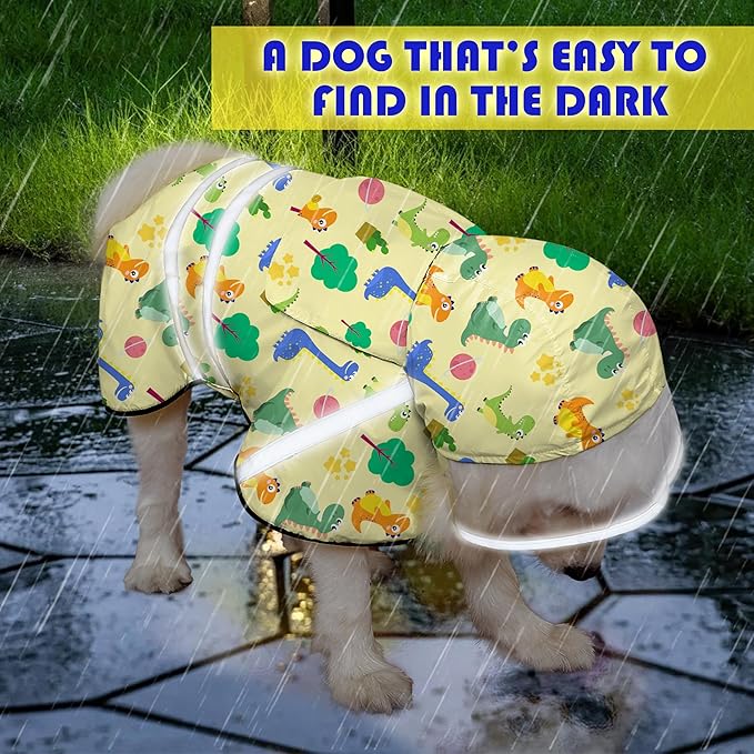 Dog Raincoat, Adjustable Rain Jacket with Hooded Double Layer for Large Medium Small Dogs Puppies, Lightweight Waterproof Rain Coat Poncho with Reflective Stripe Dinosaurs Yellow,XL