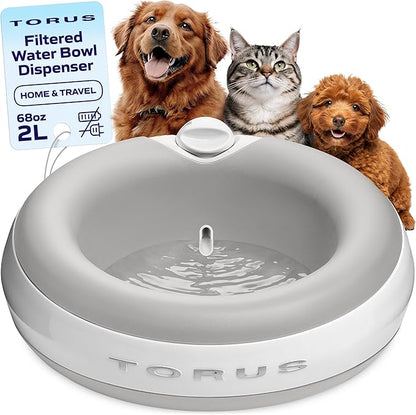 TORUS Filtered Portable Dog Water Dispenser [Upgraded 2025], 2L / 68oz, Automatic Pet Water Dispenser Noise-Free No Spill Water Bowl for Dogs, No Power Needed, Ideal for Medium & Large Pets