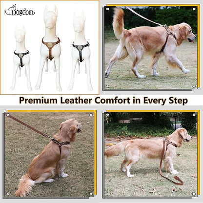 Leather Dog Harness with Padded Chest Plate – Adjustable Genuine Leather H-Style Walking Harness with Metal Buckles and American Flag Emblem for Medium & Large Dogs, Black & Brown(Brown, M)