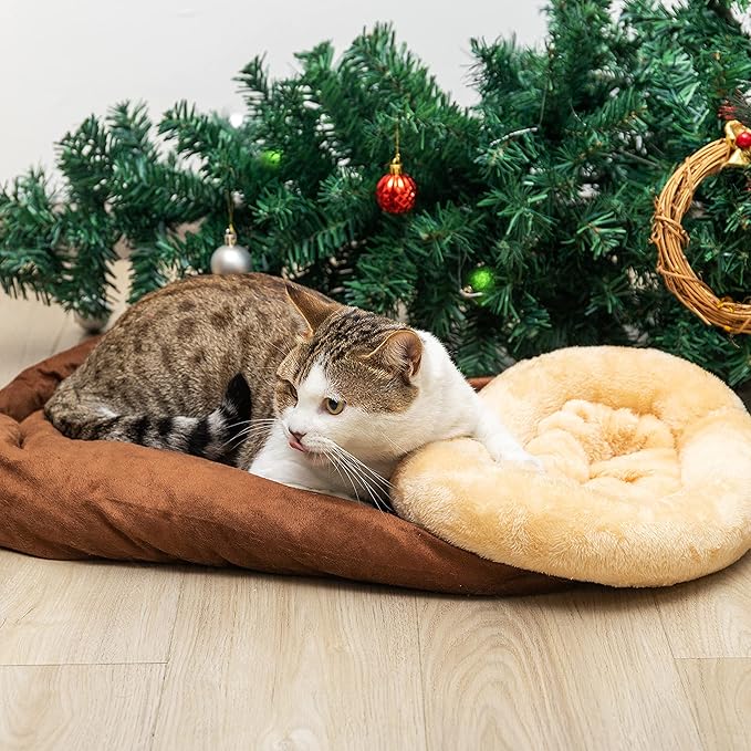 Cat Cave Bed - Fleece Warm Covered Cat Bed Indoor for Cold Weather - Self Warming Fluffy Pet Tunnel Hideout Nest for Small Medium Large Cats Sleeping Playing (Reuseable Washable)