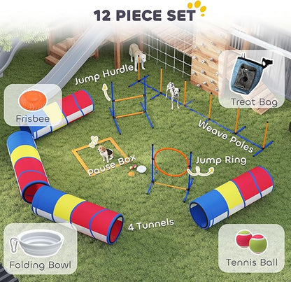 PawHut Dog Agility Training Equipment, 12-Piece Dog Obstacle Course with Adjustable Hurdle & Ring, 4 Tunnels, Weave Poles, Pause Box, Treat Bag, Bowl and Carrying Bag for Indoor Outdoor Use