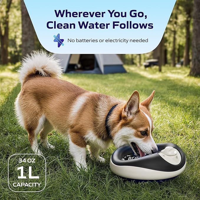 TORUS Filtered Portable Dog Water Dispenser [Upgraded 2025], 1L / 34oz, Automatic Pet Water Dispenser, No Spill, Noise-Free Dog Water Bowl Dispenser, No Power, Ideal for Small Pups and Purrfect Cats