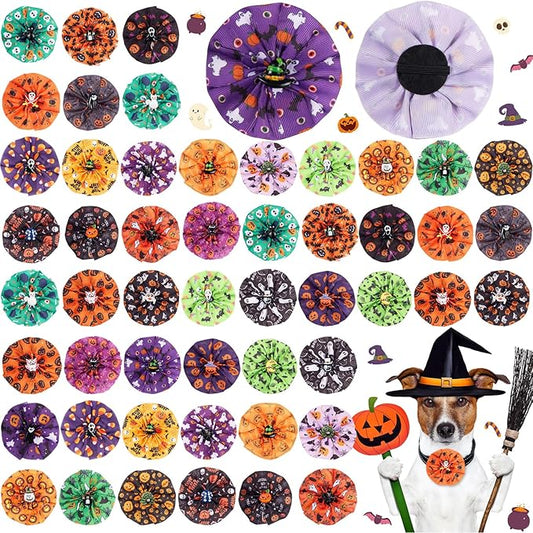 50 Pcs Halloween Dog Collar Bows Bulk Pumpkin Ghost Bow Ties Flowers Charms Attachment for Small Medium Large Dogs Cats Pet Collar Halloween Party Decoration Costume