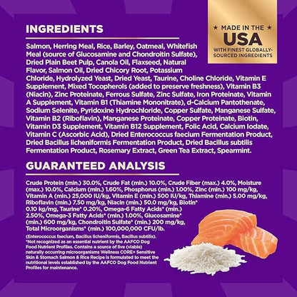 Wellness CORE+ Sensitive Skin & Stomach Dry Dog Food with Freeze Dried Pieces, Wholesome Grains, High Protein, Natural, Salmon & Rice Recipe, (4-Pound Bag)